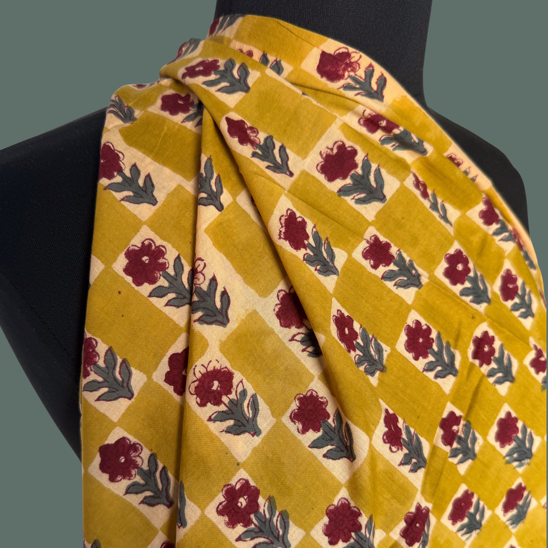 Checkerboard Floral in Ochre - Cotton Block Print