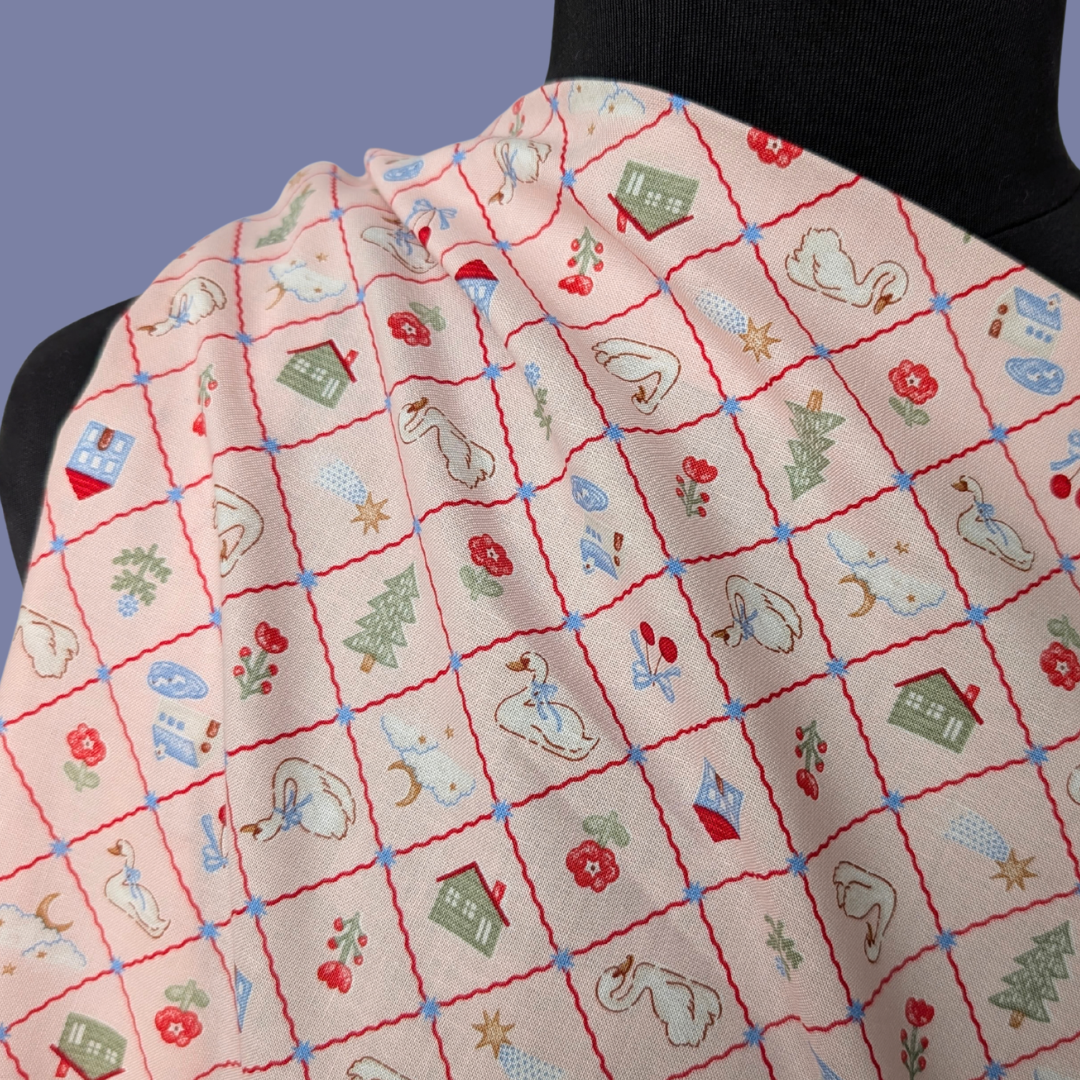 Cottage Holiday on Pale Pink Lightweight Cotton