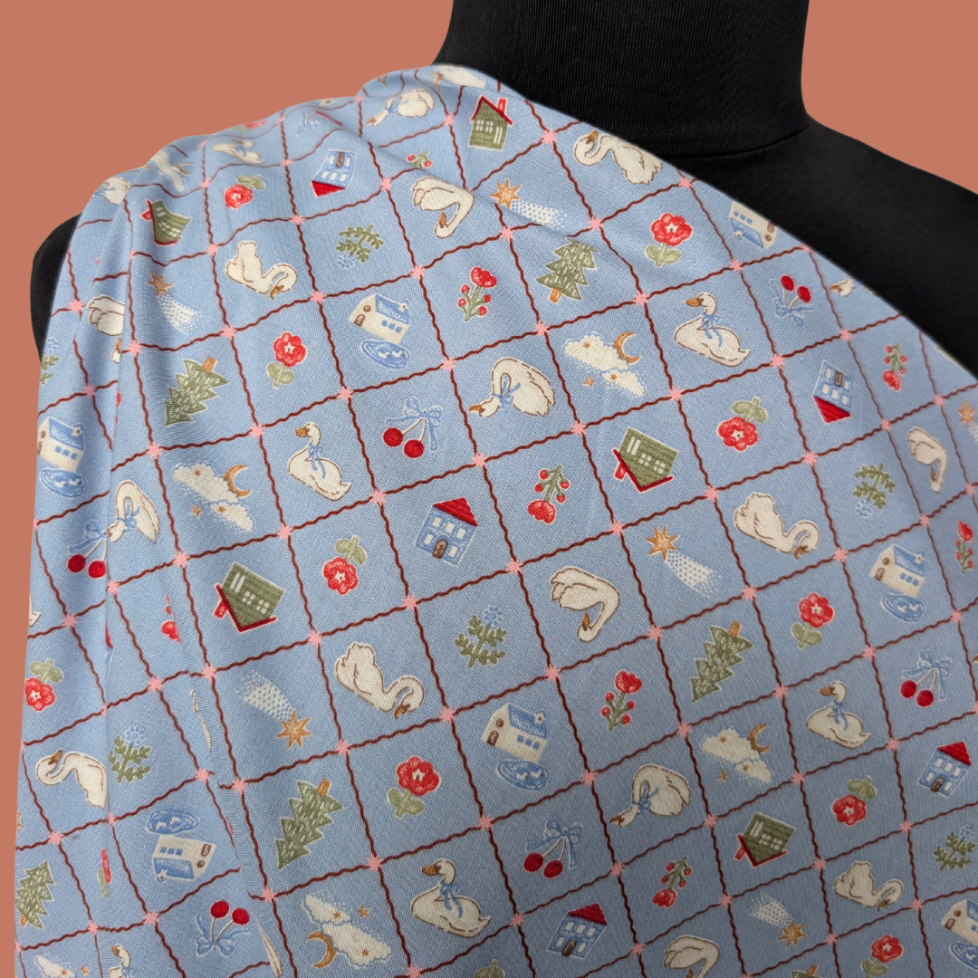 Cottage Holiday on Pale Blue Lightweight Cotton