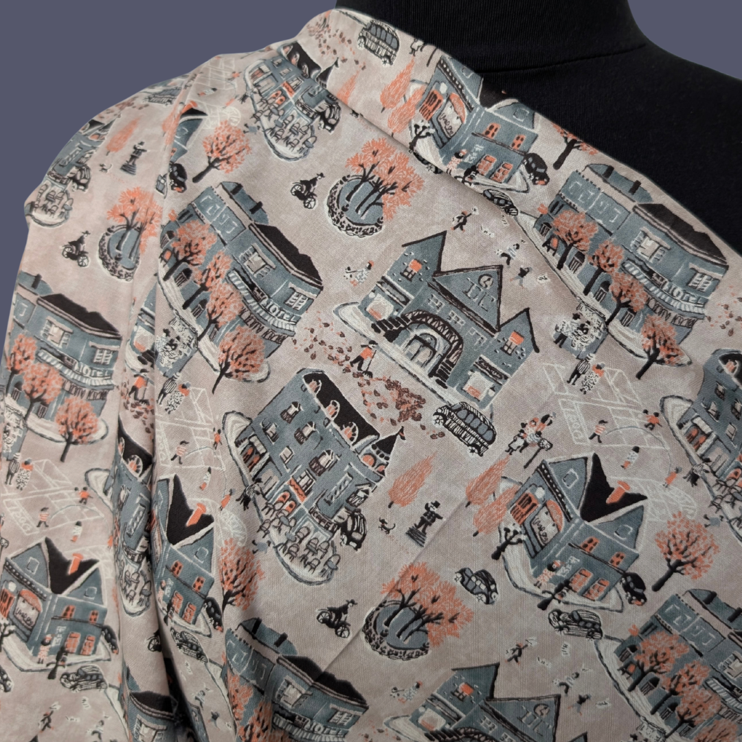 European Town on Taupe Cotton Voile