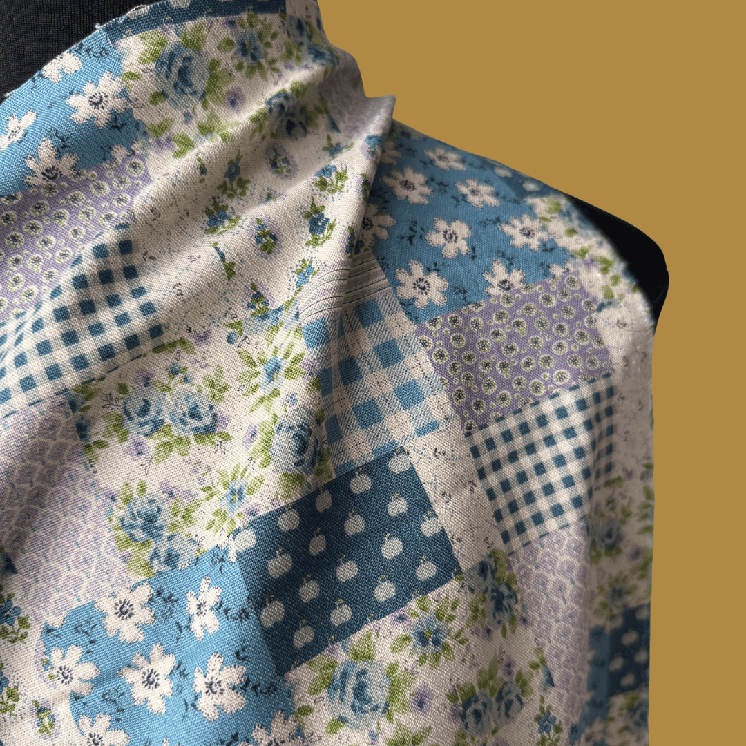 Playful Patchwork - Blue - Japanese Cotton Linen Canvas