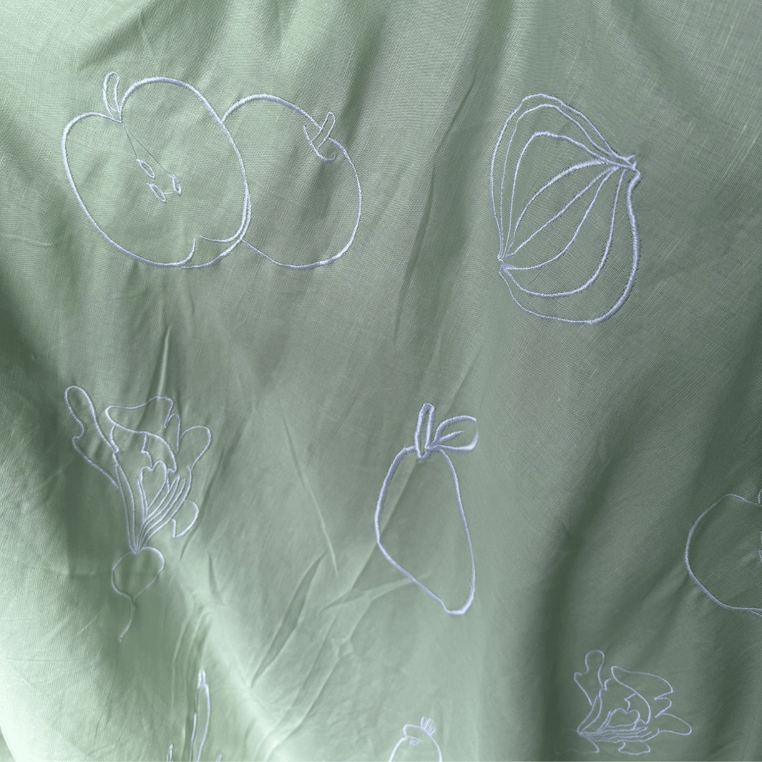 1 yard remnant - Wild Harvest in Mint - Custom Embroidery on Linen Cotton