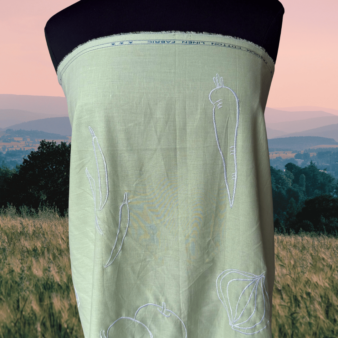 1 yard remnant - Wild Harvest in Mint - Custom Embroidery on Linen Cotton