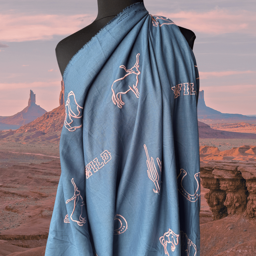 Wild West in Teal - Custom Embroidery on Linen Cotton
