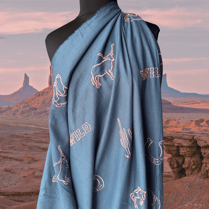 Wild West in Teal - Custom Embroidery on Linen Cotton