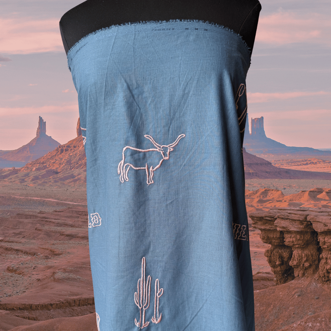 Wild West in Teal - Custom Embroidery on Linen Cotton