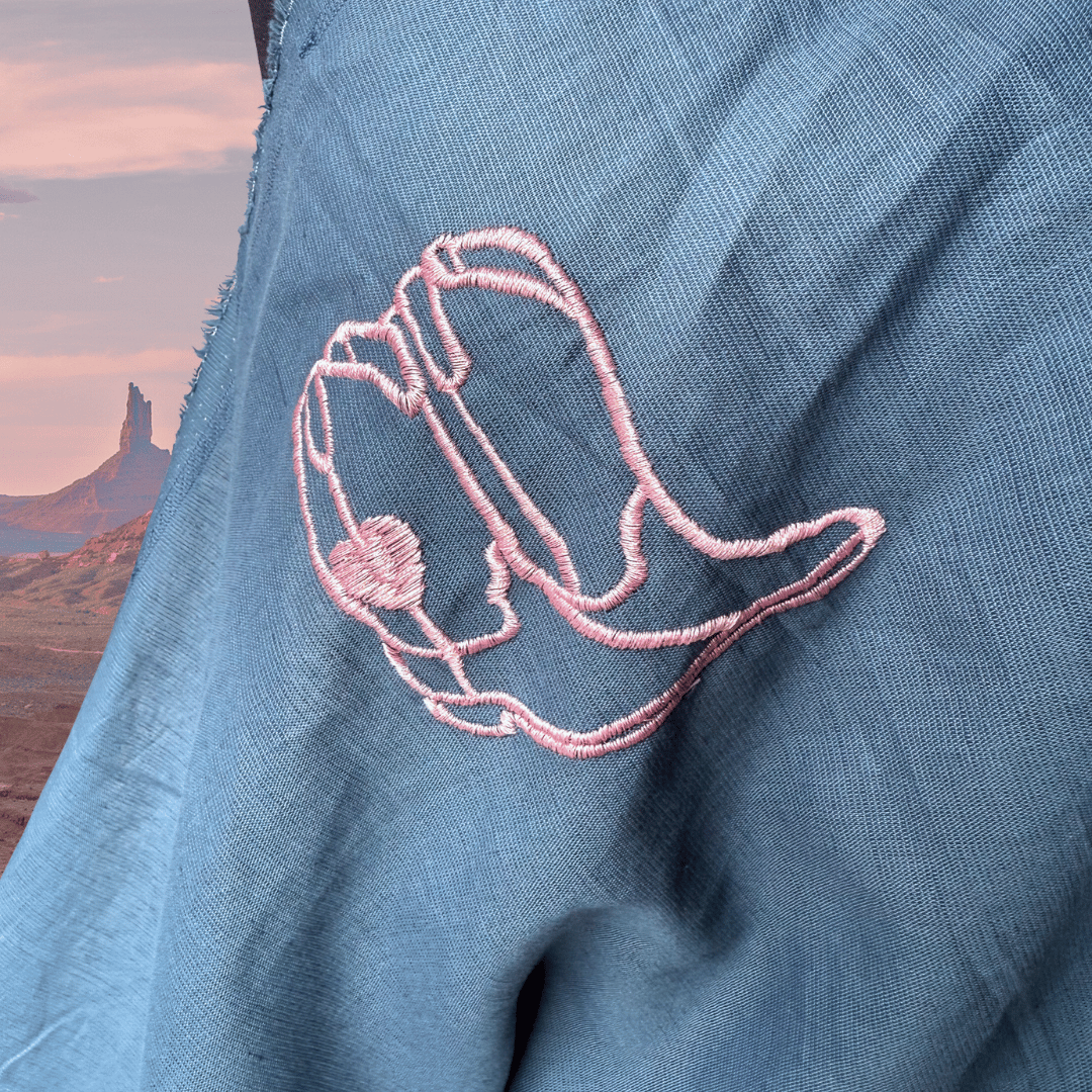 Wild West in Teal - Custom Embroidery on Linen Cotton