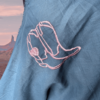Wild West in Teal - Custom Embroidery on Linen Cotton