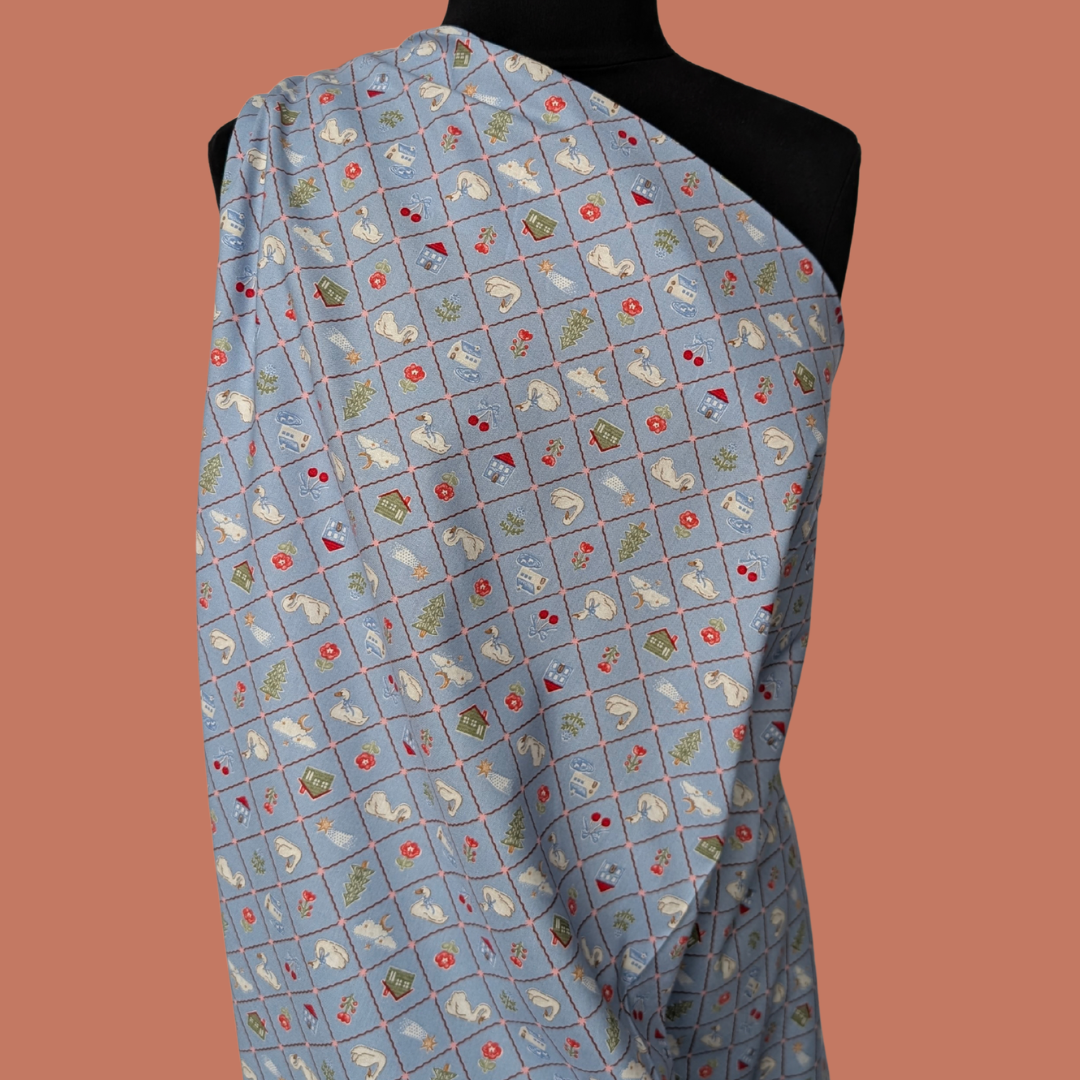 Cottage Holiday on Pale Blue Lightweight Cotton