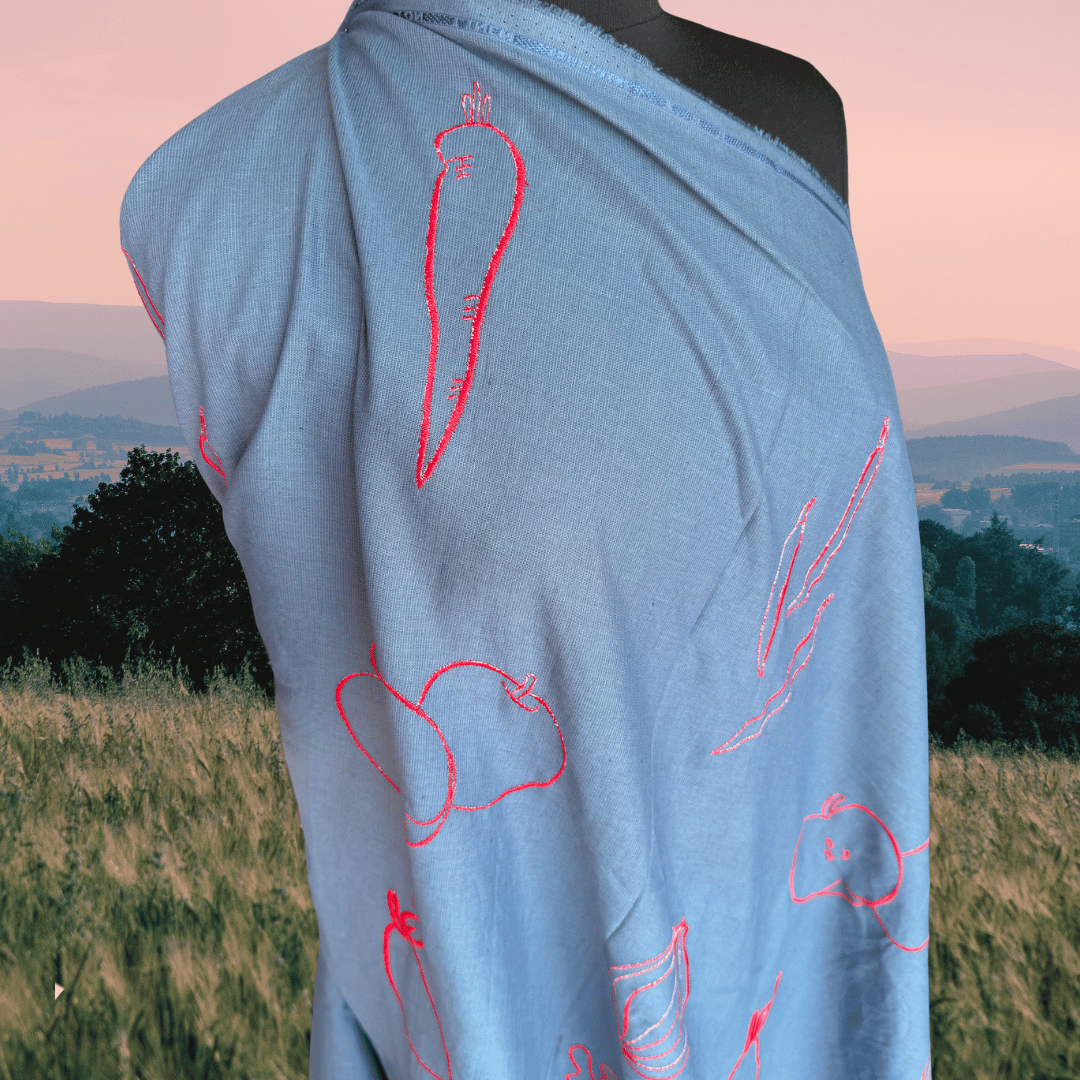 Wild Harvest in Teal - Discounted B-Quality Yardage - Custom Embroidery on Linen Cotton