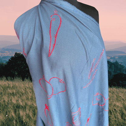 Wild Harvest in Teal - Discounted B-Quality Yardage - Custom Embroidery on Linen Cotton