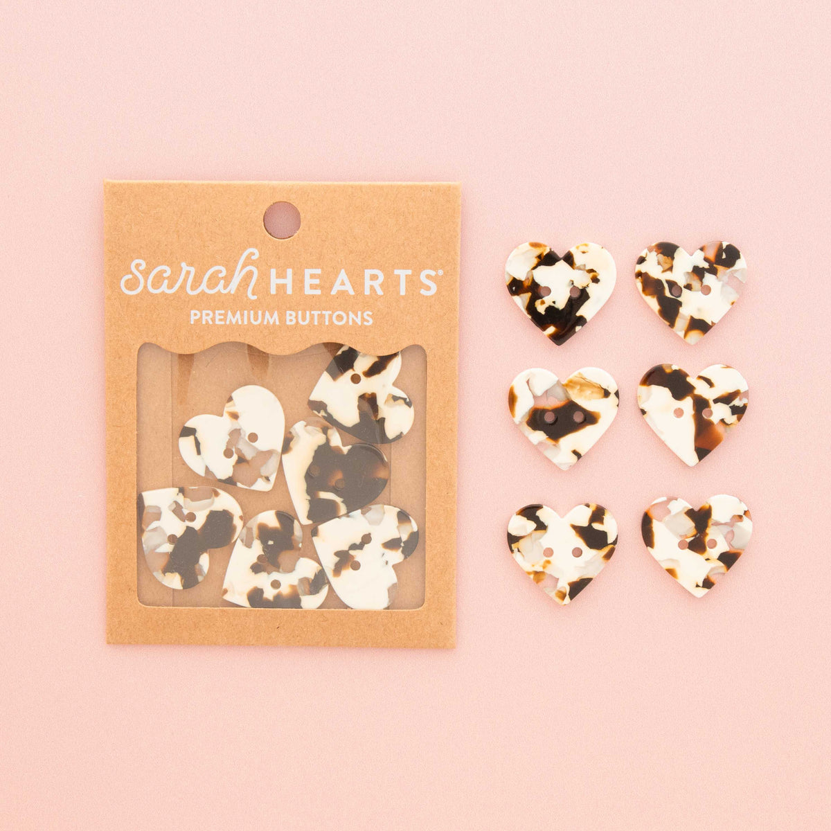 Large 1" Black + Cream Tortoise Heart Buttons