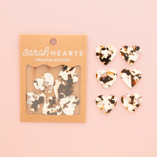 Large 1" Black + Cream Tortoise Heart Buttons