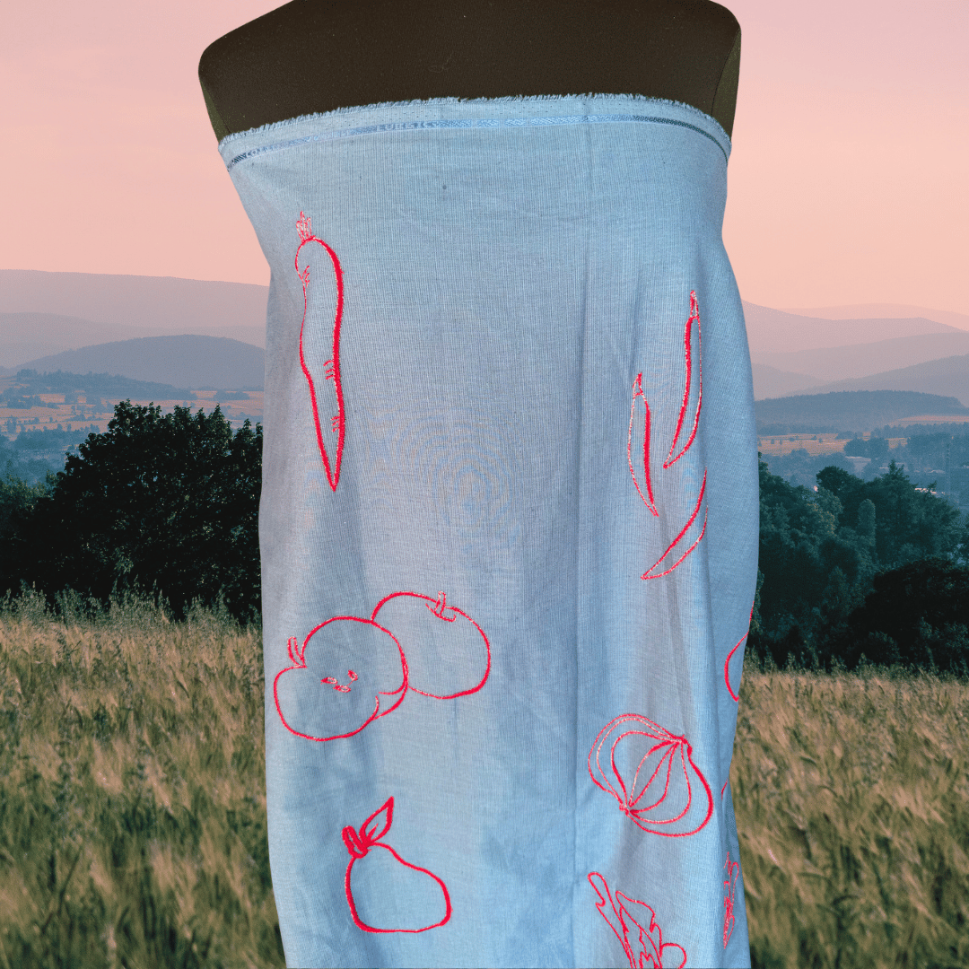 Wild Harvest in Teal - Discounted B-Quality Yardage - Custom Embroidery on Linen Cotton