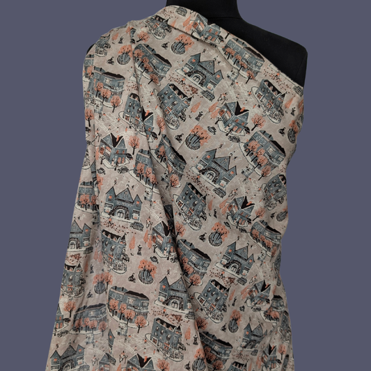 European Town on Taupe Cotton Voile
