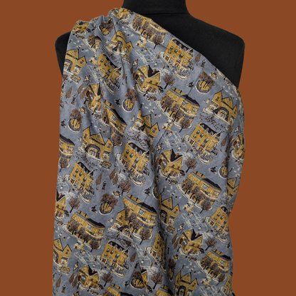 European Town on Blue-Grey Cotton Voile