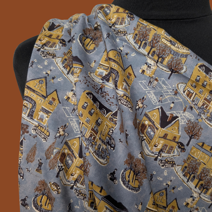 European Town on Blue-Grey Cotton Voile
