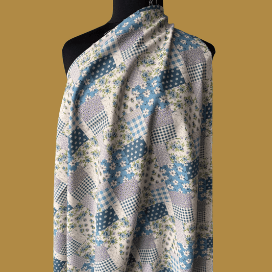 Playful Patchwork - Blue - Japanese Cotton Linen Canvas