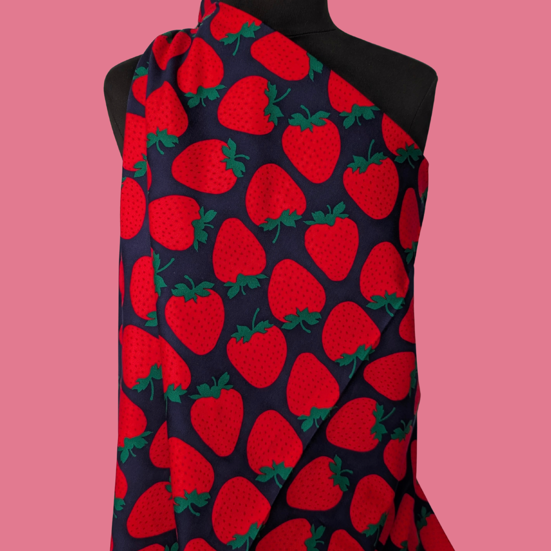 Big Strawberries on Navy Cotton Oxford