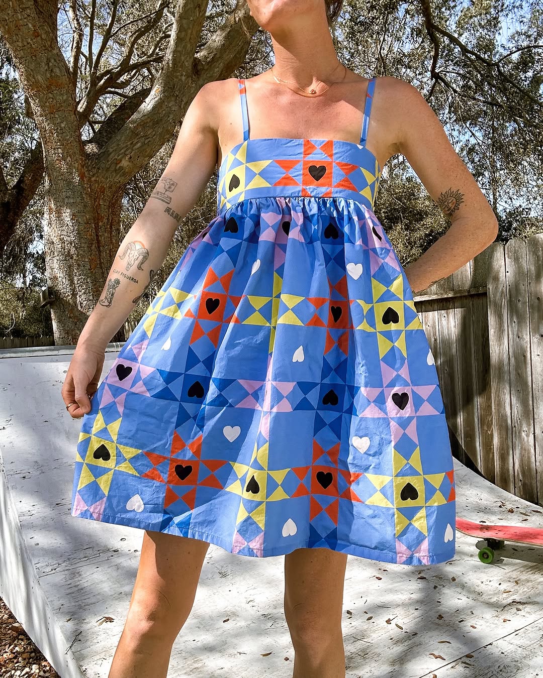 Quilt of Hearts Bright Blue Exclusive Print on Organic Sandwashed Cotton Poplin