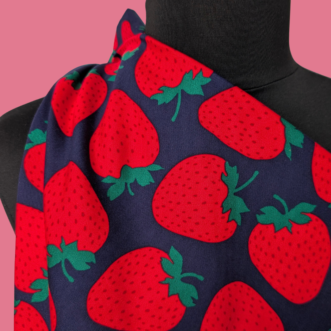Big Strawberries on Navy Cotton Oxford
