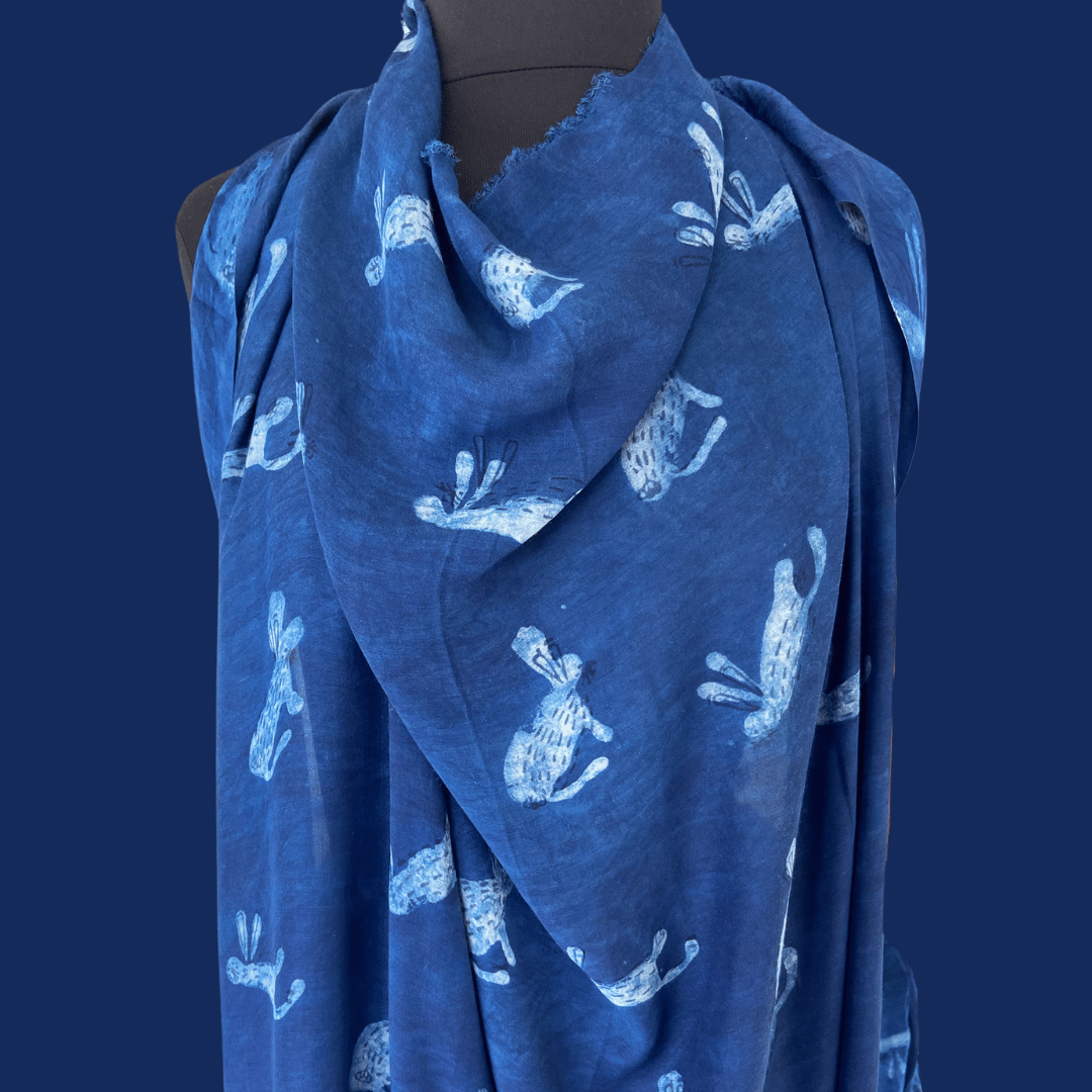 Indigo Bunnies - Indian Block Print on MATTE Silk Voile