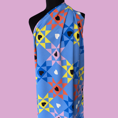 Quilt of Hearts - Bright Blue - Exclusive Print on Organic Sandwashed Cotton Poplin