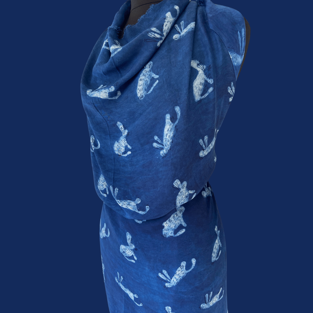 Indigo Bunnies - Indian Block Print on MATTE Silk Voile