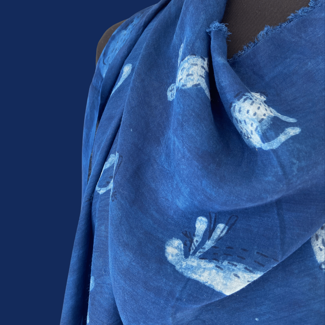 Indigo Bunnies - Indian Block Print on MATTE Silk Voile