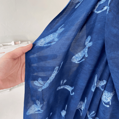 Indigo Bunnies - Indian Block Print on MATTE Silk Voile