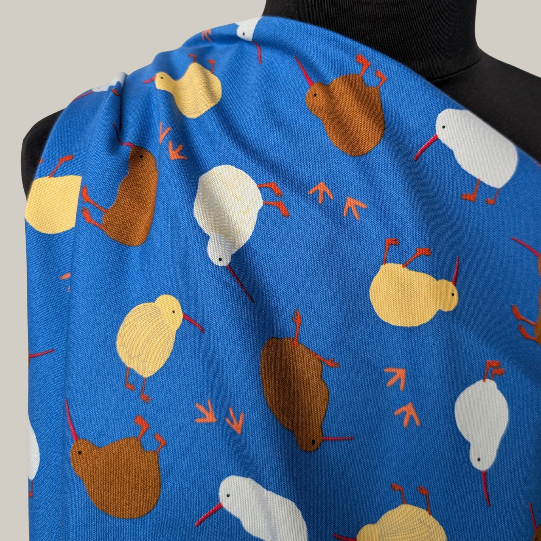 Kiwi Birds on Blue Cotton Oxford
