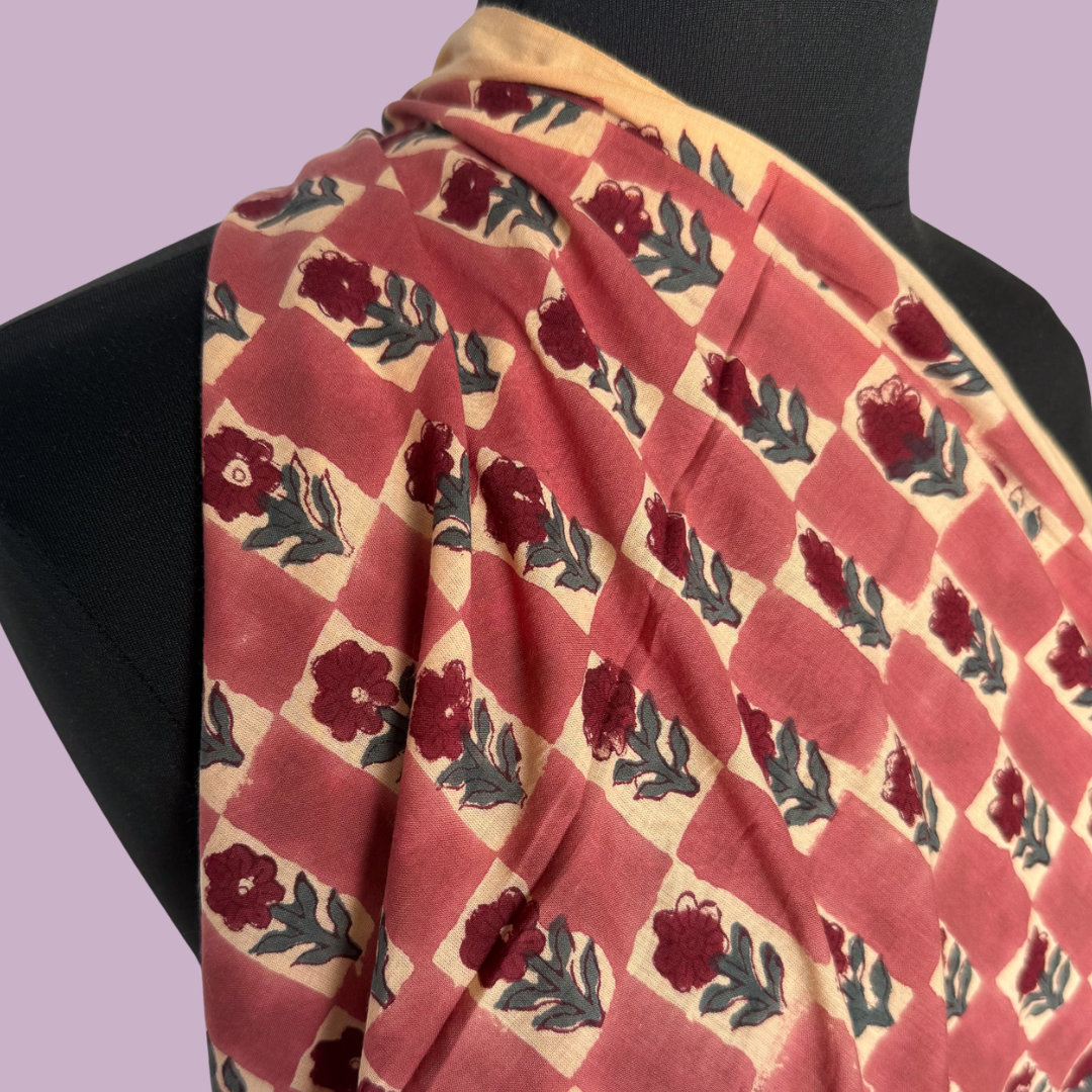 Checkerboard Floral in Rose - Cotton Block Print