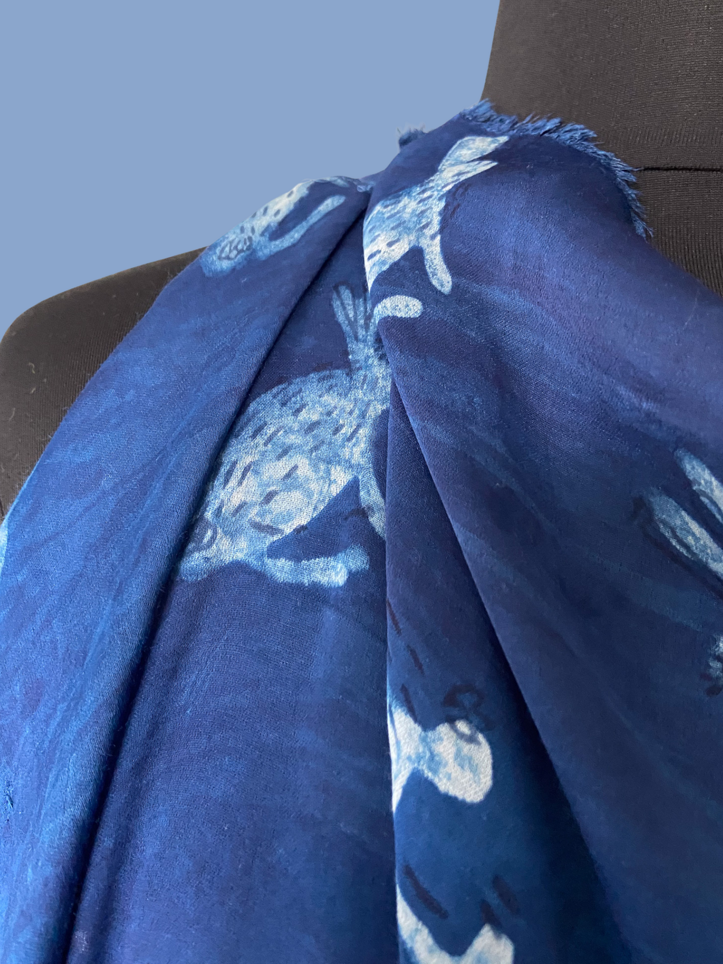 Indigo Bunnies - Indian Block Print on Silk Voile