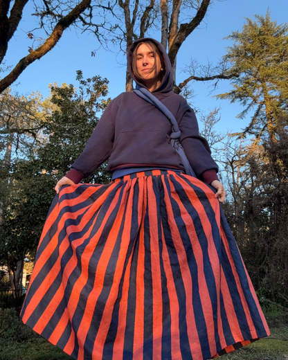 2 yard damaged remnant - Wide Stripe in Tangerine - Custom Screen Print on Linen Cotton