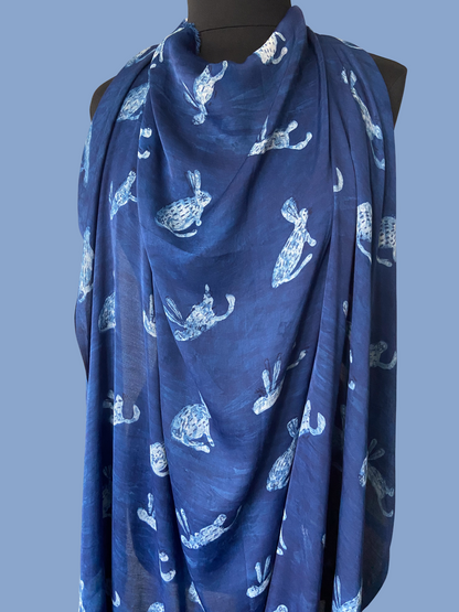 Indigo Bunnies - Indian Block Print on Silk Voile