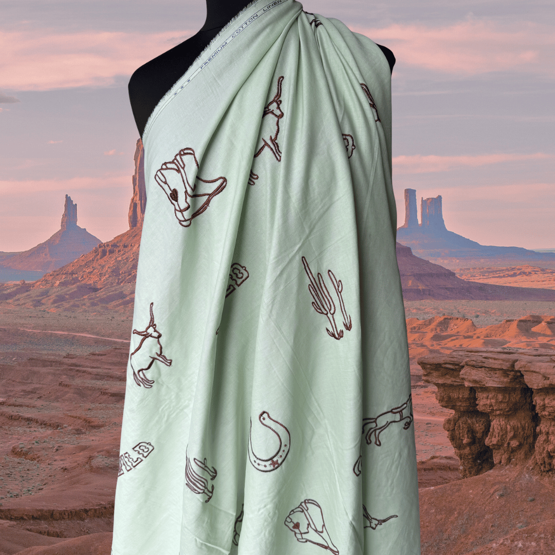 Wild West in Mint - Custom Embroidery on Linen Cotton