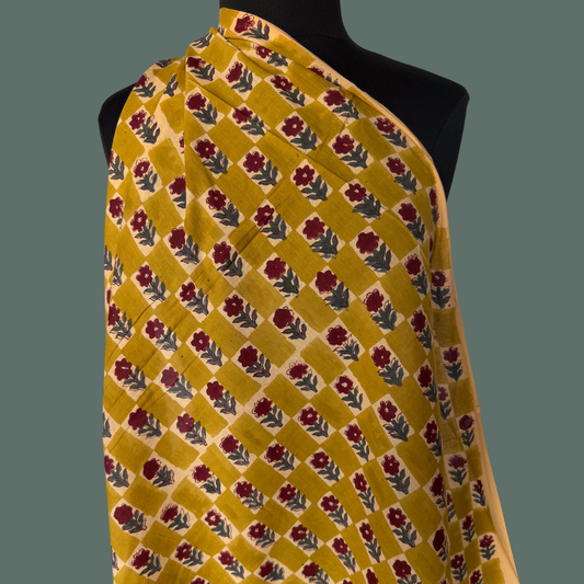 Checkerboard Floral in Ochre - Cotton Block Print