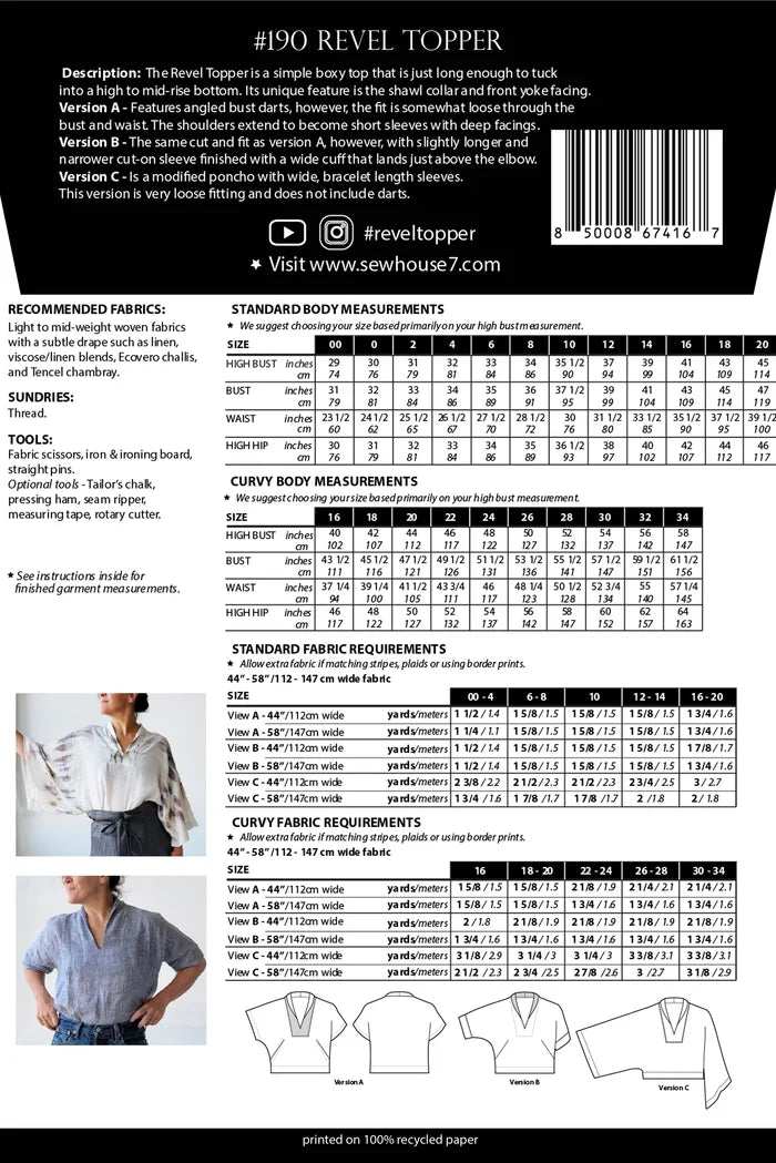 Revel Topper Sewing Pattern (Sizes 00-20 & 16-34) by Sew House Seven