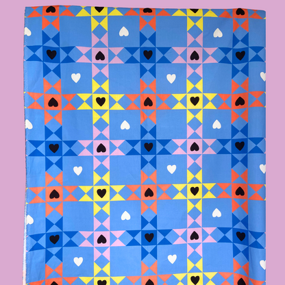 Quilt of Hearts - Bright Blue - Exclusive Print on Organic Sandwashed Cotton Poplin